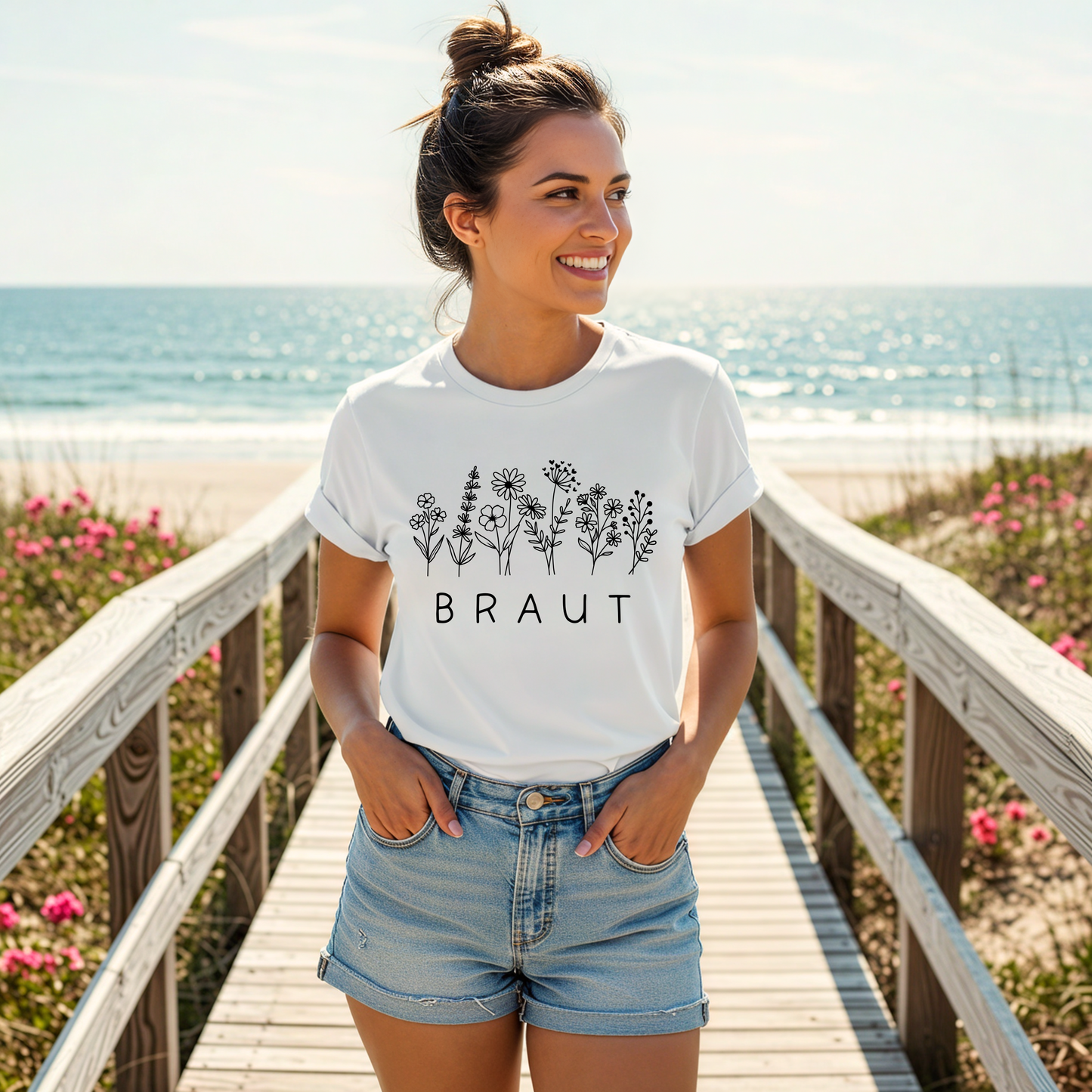 JGA Braut-T-Shirt mit Blumen vorne