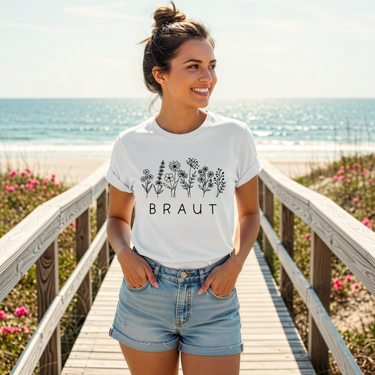 JGA Braut-T-Shirt mit Blumen vorne
