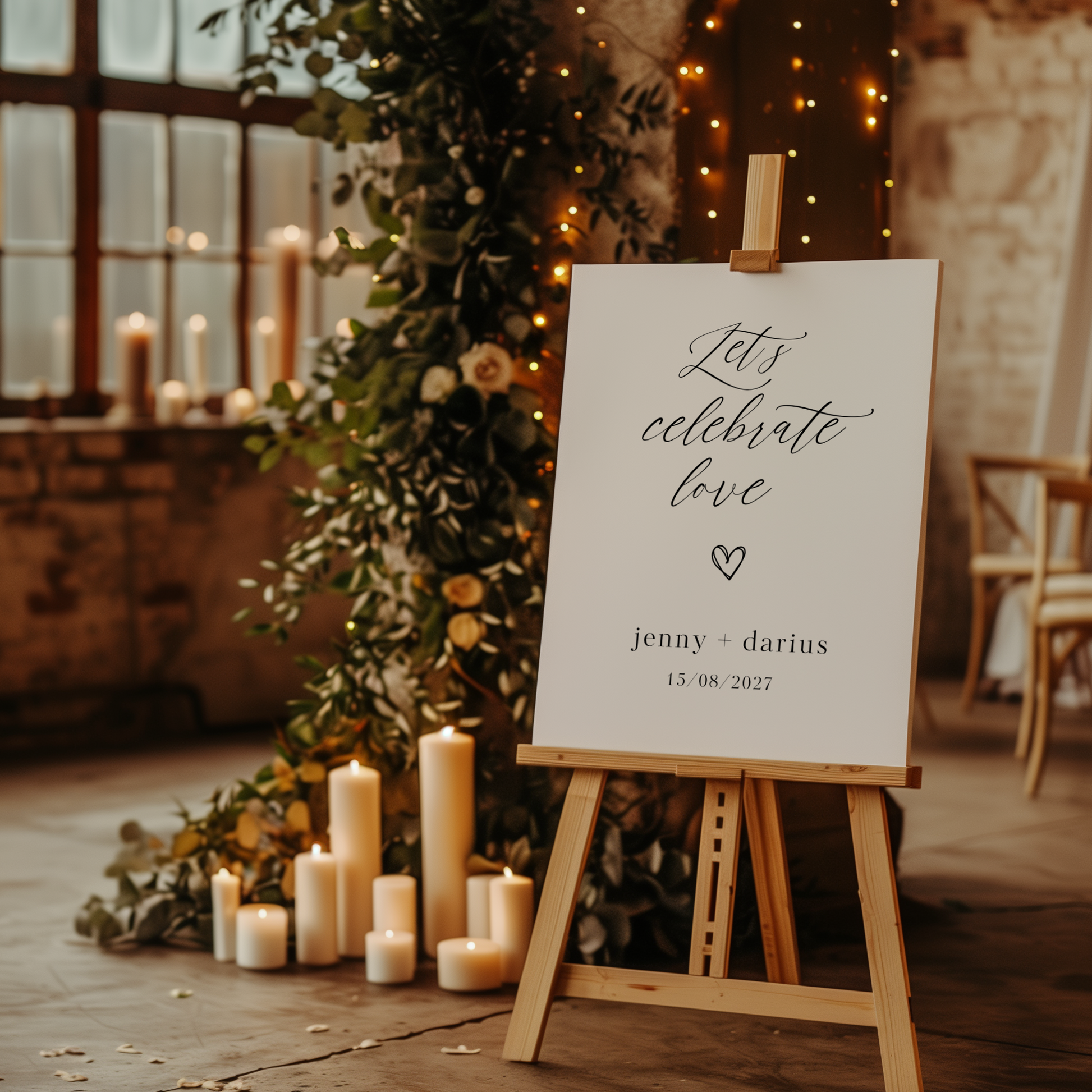 Ein Boho-Hochzeitsschild „Let´s celebrate“ von Little Tree Hill steht auf einer Staffelei und zeigt die Botschaft „Let´s celebrate love“, darunter „Jenny + Darius“ und das Datum „15/08/2027“. Der Hintergrund ist mit brennenden Kerzen, Blumenarrangements und funkelnden Lichterketten geschmückt und schafft eine gemütliche, romantische Atmosphäre.