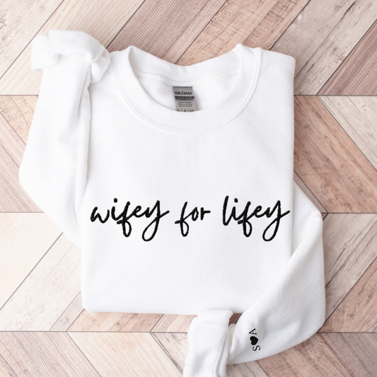 Hochzeitspullover, Brautpullover mit der Aufschrift WIFEY FOR LIFEY